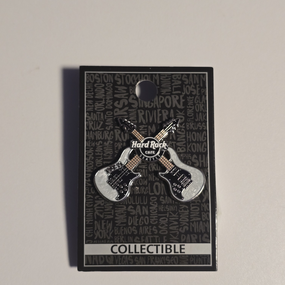 Hard Rock Cafe Seattle Dual Black and Silver Guitar Pin *Rare*